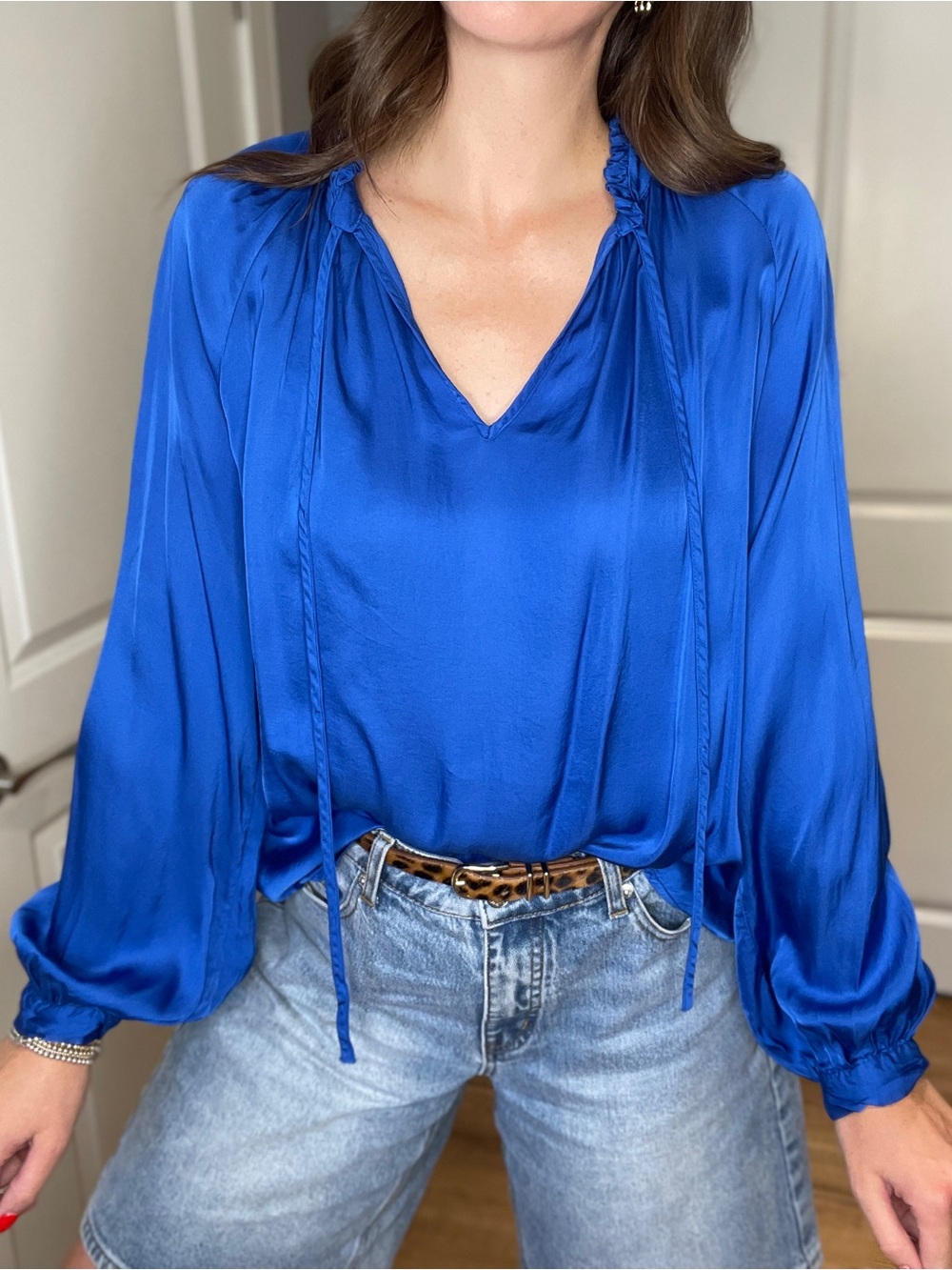 Astrid Satin V-Neck Blouse with Tie Details in Cobalt Blue